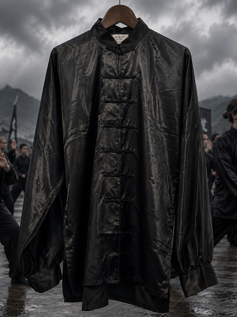 UNWORN FILM SHOOT SPARE - Yijinqi black satin shirt - knot & loop buttons